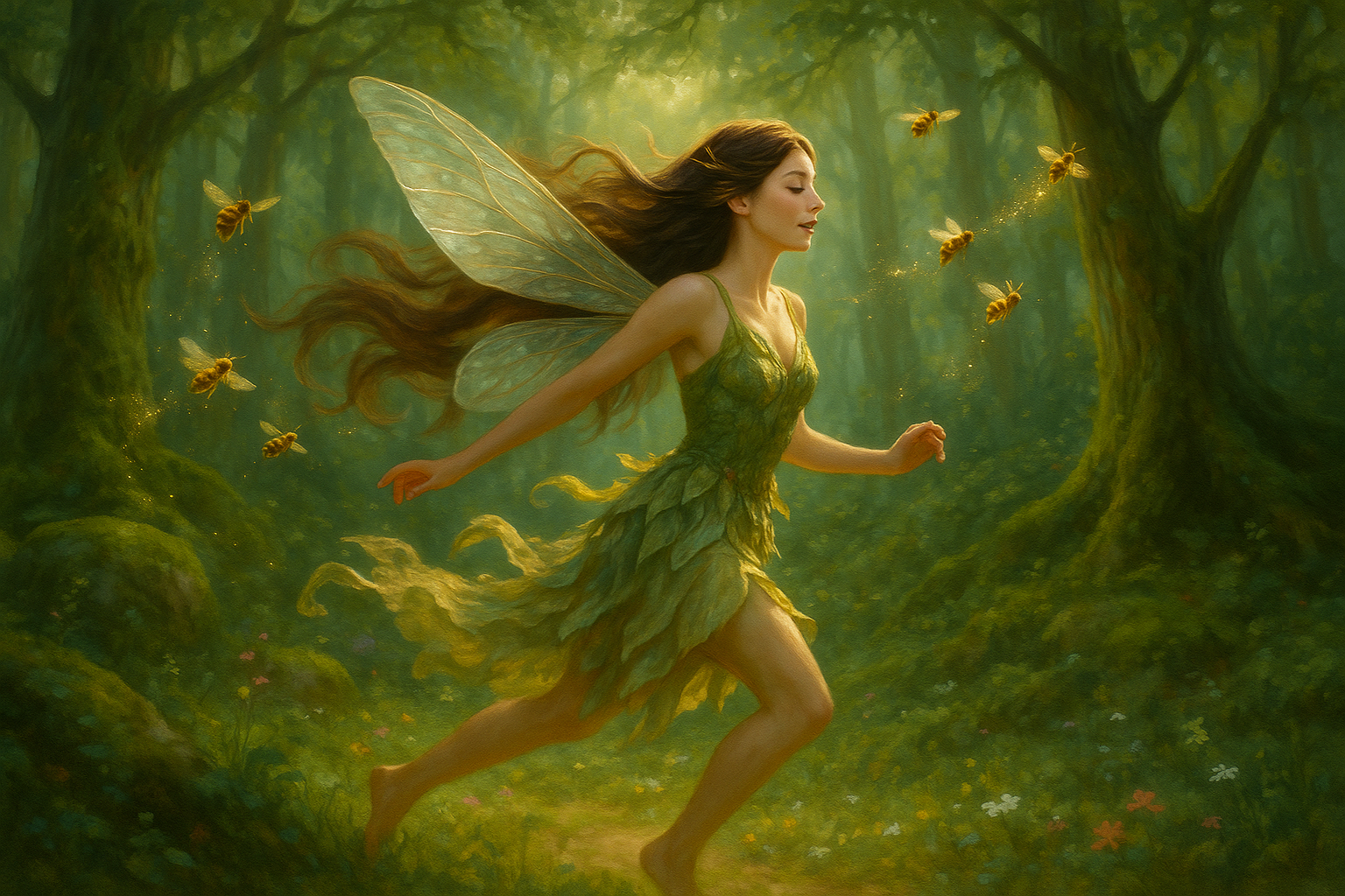 Female brunette Fairy in forest running with bees